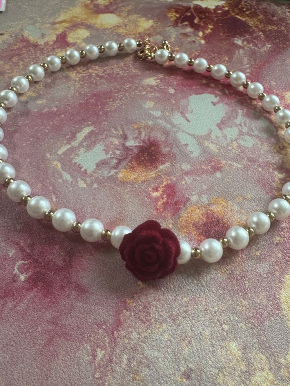 Pearl Beaded Choker with Burgundy Rose Accent